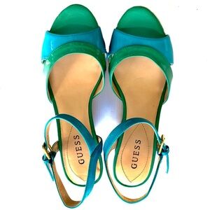 Guess Cork Wedge Sandals, Teal and Green, Size 7.5